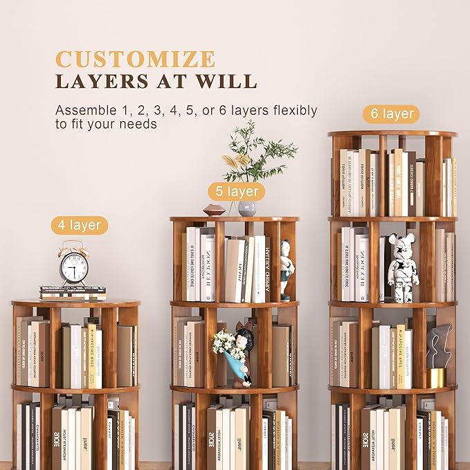 6 Tier Bookshelf Tower, 360° Solid Wood Spinning Bookcase - Image 6