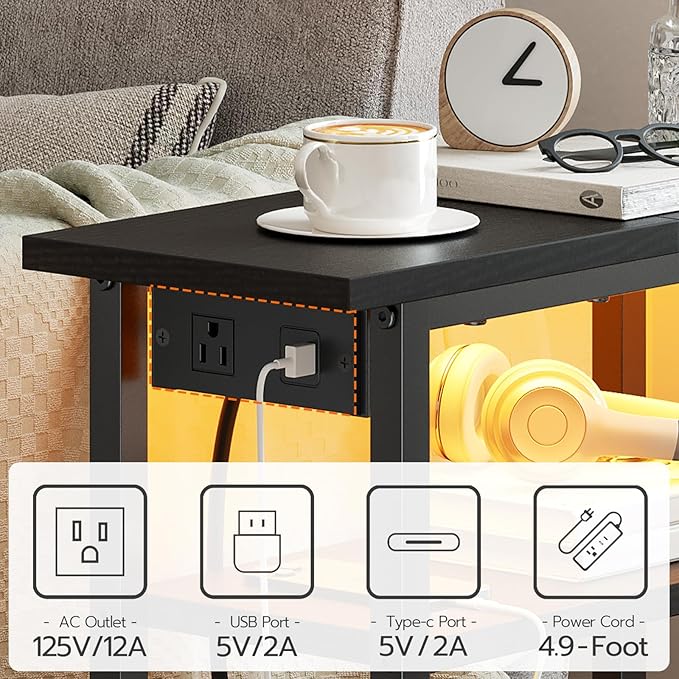 HOOBRO Narrow Side Table with Charging Station and LED Light, Small End Table - Image 6
