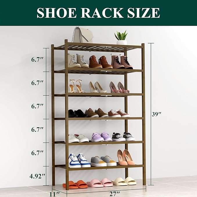 Smiry Shoe Rack, 6 Tier Thick Bamboo Shoe Organizer, Stackable Free Standing - Image 2