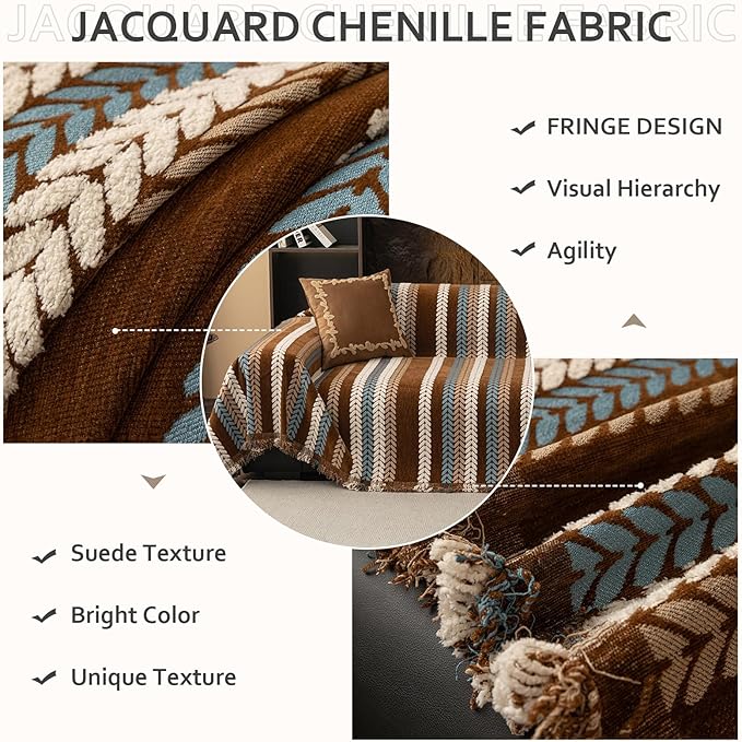STACYPIK Khaki Jacquard Leaves Sofa Cover, Vintage Couch Cover - Image 3