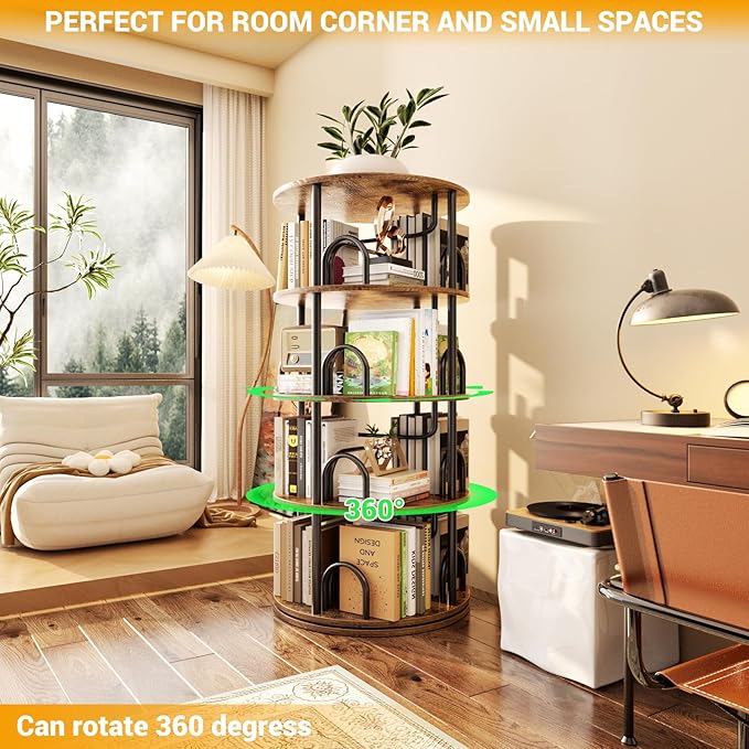 Aheaplus 4 Tier Rotating Bookshelf Tower, 360 Display Spinning Bookcase - Image 2
