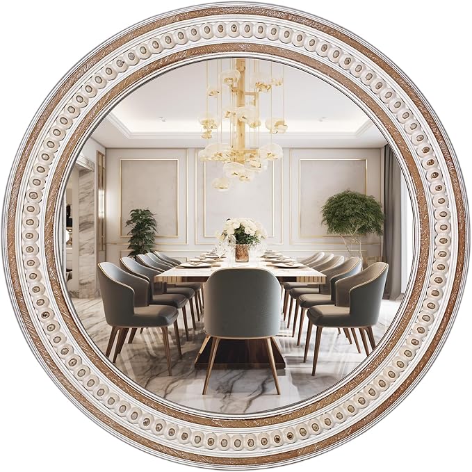 32'' Boho Wooden Large Round Wall Mirrors, Rustic Farmhouse Circle Mirrors by DecointoWallDecor