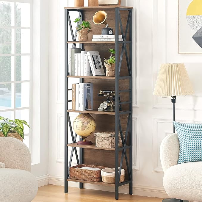 HOMISSUE Tall Bookshelf, 6-Tier Book Shelf, Rustic Wood Metal Bookshelves and by Homissue