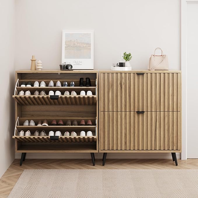 Smuxee Shoe Cabinet with 2 Flip Drawers, 31.5" Natural Hidden Shoe Storage - Image 3
