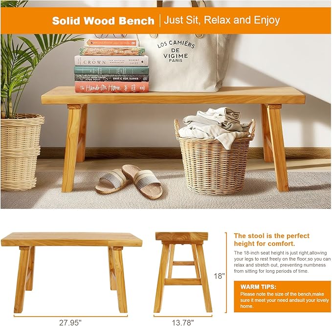 Farmhouse Solid Wood Bench: Long Rustic Indoor Narrow Wooden Bench - Image 5