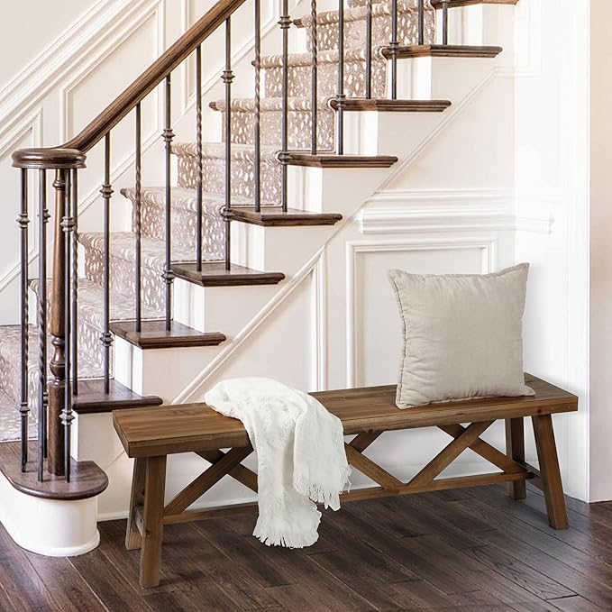 Wnutrees 54" Farmhouse Wood Bench, Rustic Solid Wood Entryway Bench Seat - Image 5