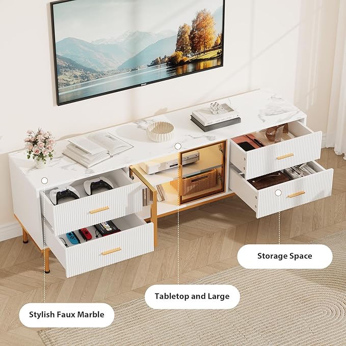 66" Fluted TV Stand with LED Light, Modern Entertainment Center - Image 8