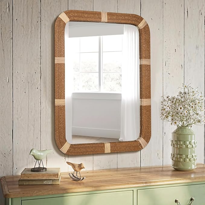 ULIKE Rectangle Rattan Wall Mirror, 22x30 Inch Rustic Farmhouse Wall Decor - Image 4