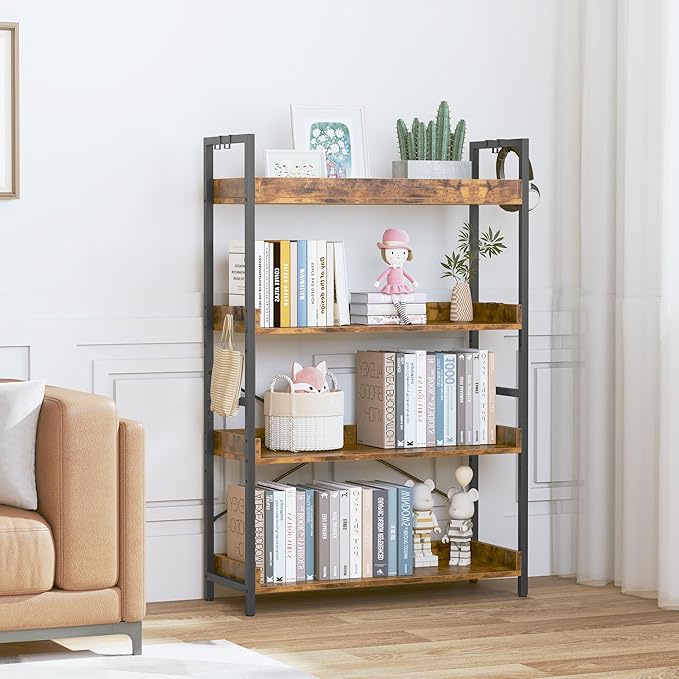 HCHQHS 4 Tier Bookshelf, Adjustable Industrial Bookcase, Vertical Tall Book - Image 2
