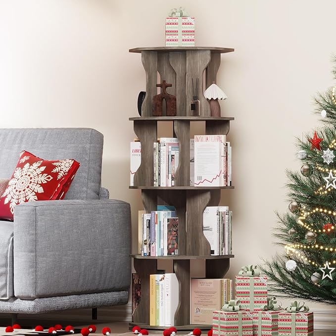 4 Tier Rotating Bookshelf, Spinning Bookshelf Tower Lazy Susan, Corner - Image 9