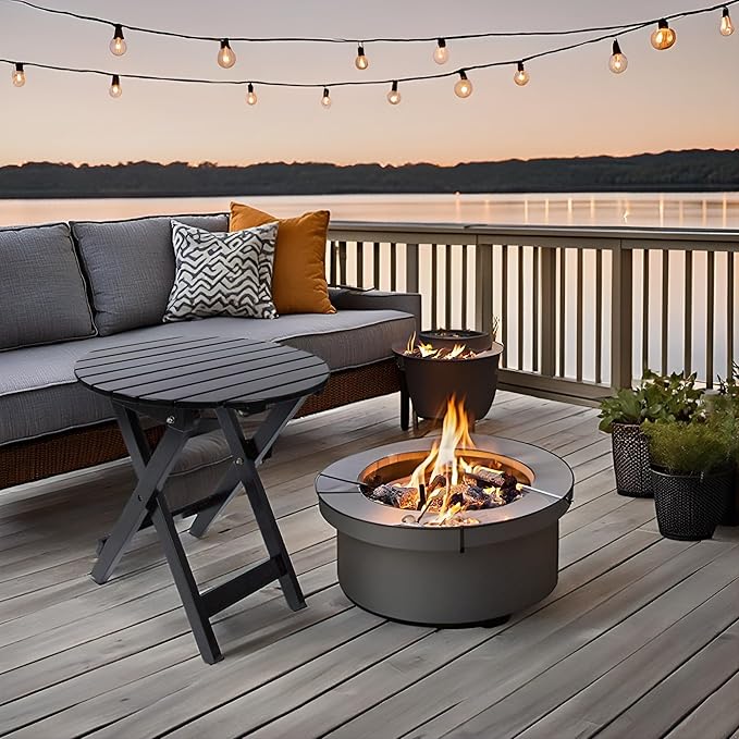 Outdoor Patio Side Table Set of 2 Small Folding Wood Round End Table Coffee - Image 7