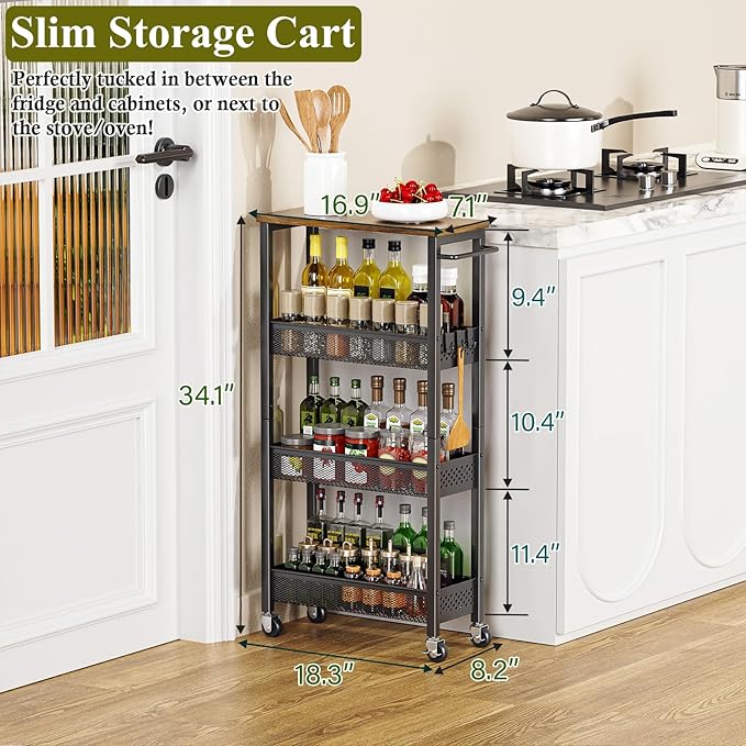 Utility Slim Storage Cart, 4 Tier Small Rolling Kitchen Laundry Room Cart - Image 2