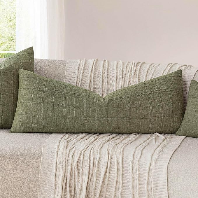 Foindtower Set of 2 Decorative Linen Check Throw Pillow Covers Neutral Long - Image 5