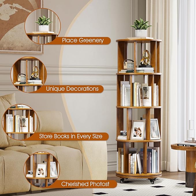 4 Tier Rotating Bookshelf Tower, 360 Spinning Bookcase Carousel - Image 5