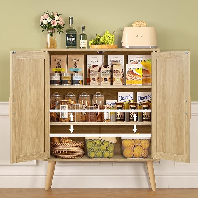Iwell Storage Cabinet with 2 Shelves, Rattan Cabinet with 2 Doors, Sideboard - Image 4