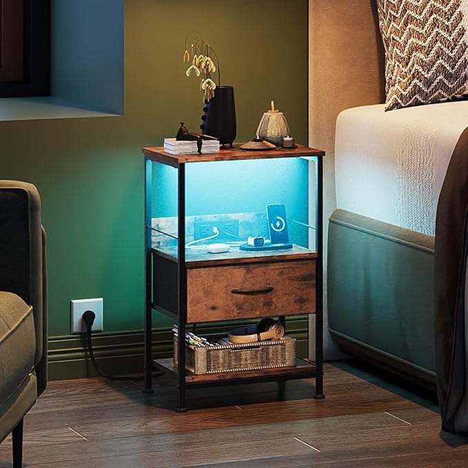 WLIVE Night Stand with Charger Station, LED Nightstand with Adjustable Fabric - Image 2