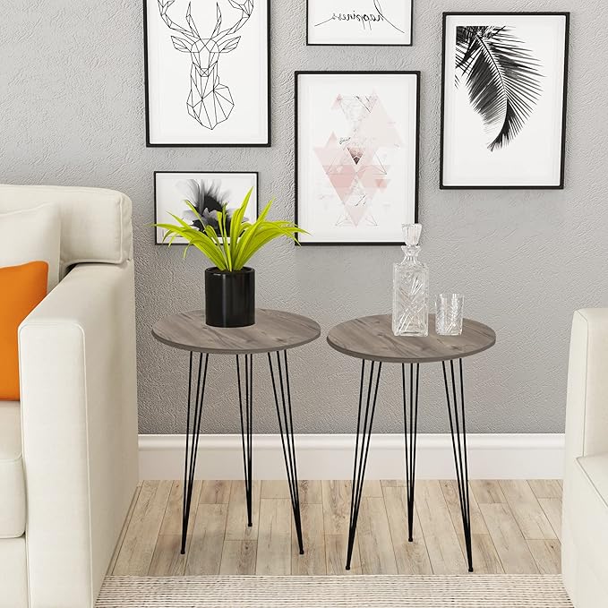 PAK HOME - Set of 2 Pine Wood Grey End Table – Round Wood Sofa Side Coffee - Image 3