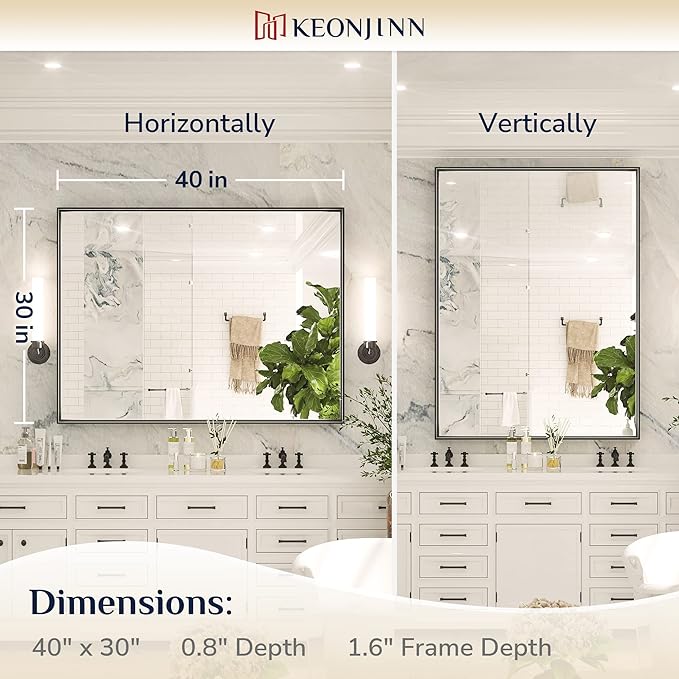 Keonjinn Black Framed Mirror for Bathroom 40 x 30 Inch, Rectangular Wall Mirror - Image 7