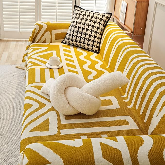 STACYPIK Boho Chenille Couch Cover, Ginger Yellow Sofa Cover - Image 8