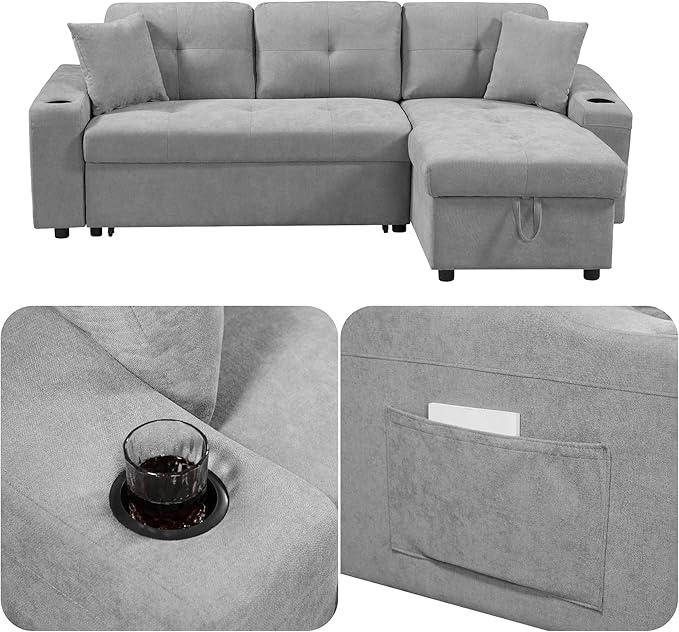 L Shape Pull Out Sofa Bed with Cup Holder, Convertible Sectional Couch with - Image 4