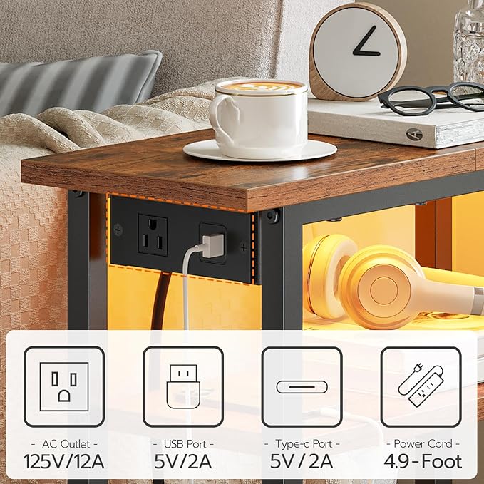 HOOBRO Narrow Side Table with Charging Station and LED Light, Small End Table - Image 9