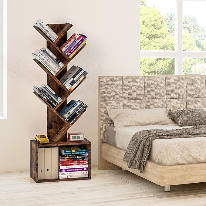 6 Tier Tree Bookshelf, Sturdy Retro Floor Standing Wood Bookcase, Storage Rack - Image 7