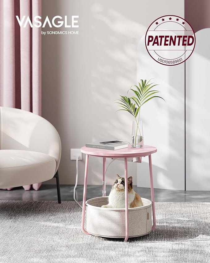 VASAGLE Side Table with Charging Station, Round End Table with Fabric Basket - Image 3