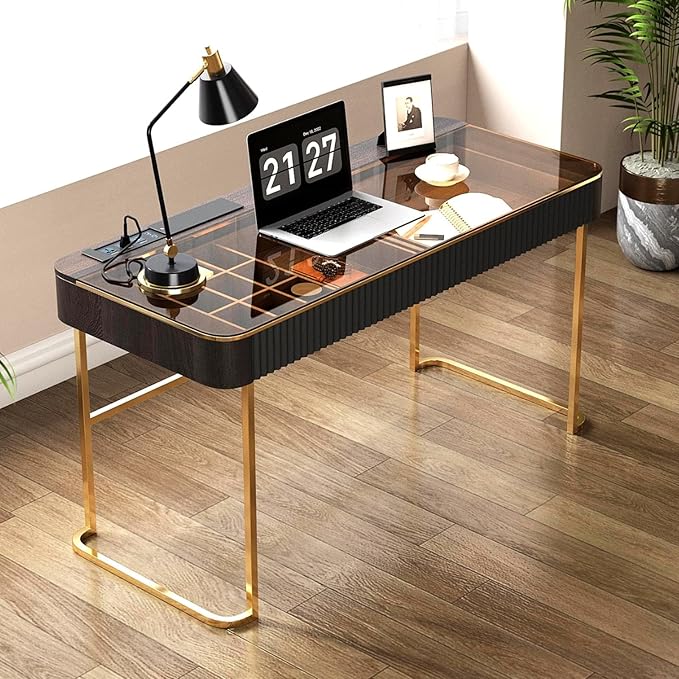 Lartis Modern Office Desk with Drawers, Glass Top Makeup Vanity Without Mirror - Image 8