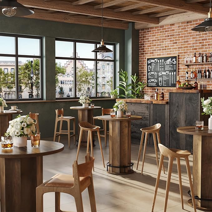 LITTLE TREE Round Bar Table, 39.4" H Wooden Bistro Pub Table - Image 9