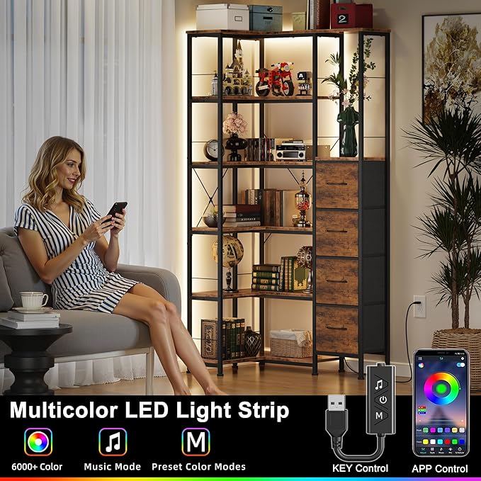 Corner Bookshelf with LED Light Strips & 4 Fabric Drawers, 6-Tier Convertible - Image 3