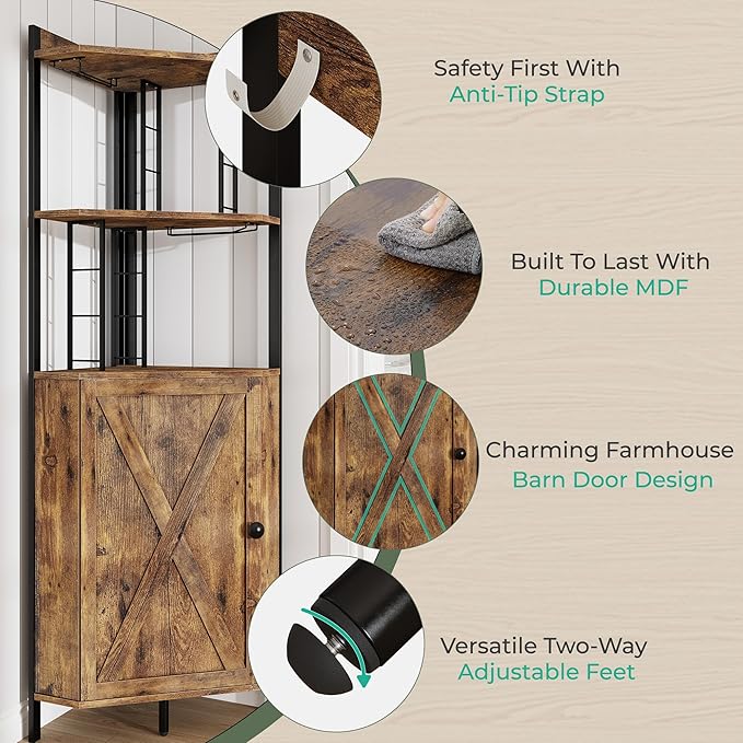 63” Corner Bar Cabinet with Wine Rack, 5-Tier Farmhouse Liquor Cabinet with - Image 5