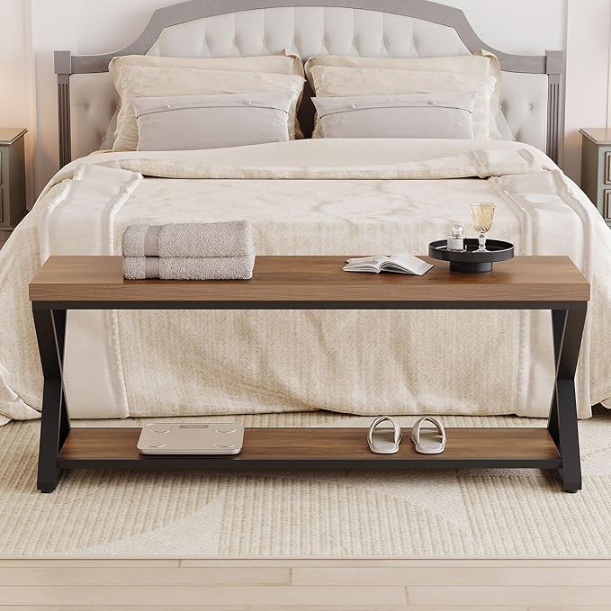 IBF Wood Entryway Bench, Wooden and Metal Bedroom Indoor Bench, Industrial Shoe - Image 7