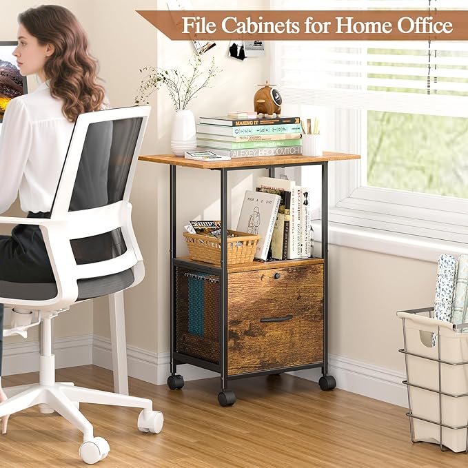 Small Filing Cabinet with Lock, Printer Stand with File Storage, Rolling - Image 4