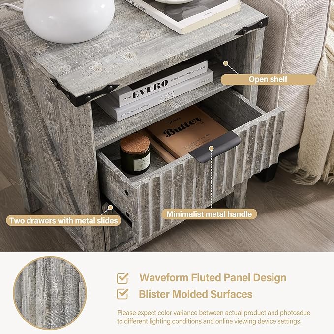 Grey Nightstand with Charging Station Set of 2-20 Inch Wide Farmhouse Fluted - Image 5