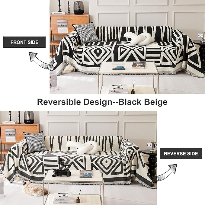 STACYPIK Boho Black Beige Couch Cover Wrinkle Resistant Sofa Cover - Image 3