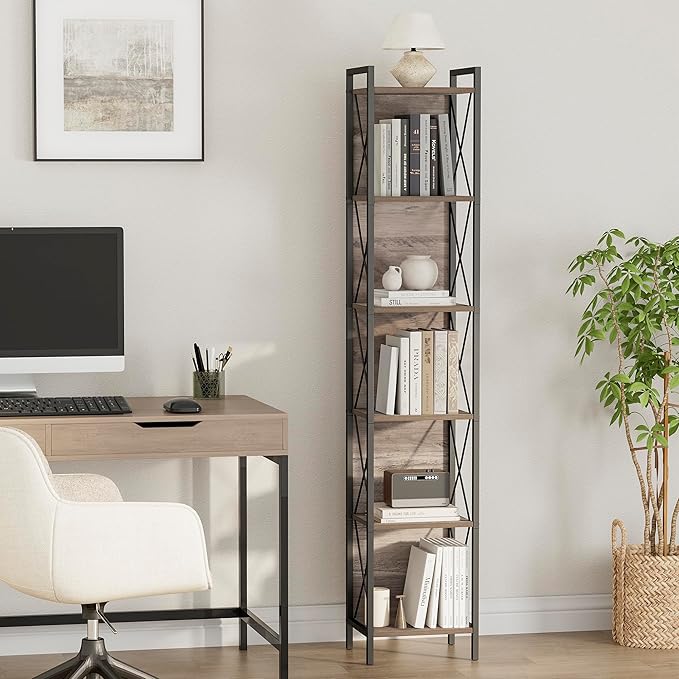 Homhedy 6 Tier Bookshelf Bookcase, Tall Narrow Bookshelf - Image 2