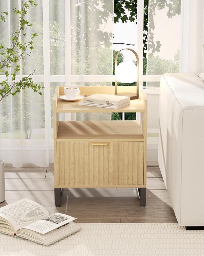 Fluted Night Stand Set 2 with Charging Station, Wood Nightstand with Large - Image 2