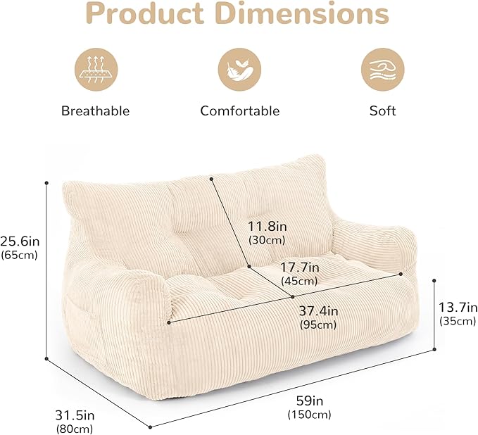 Pamapic Bean Bag Chair, 2 Seat Loveseat Sofa, Ultra Soft Dutch Velvet, Fluffy - Image 2