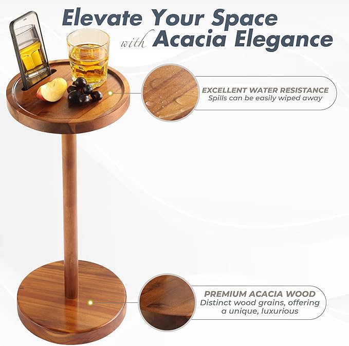 Pedestal Side Table, Acacia Drink Table - Image 3