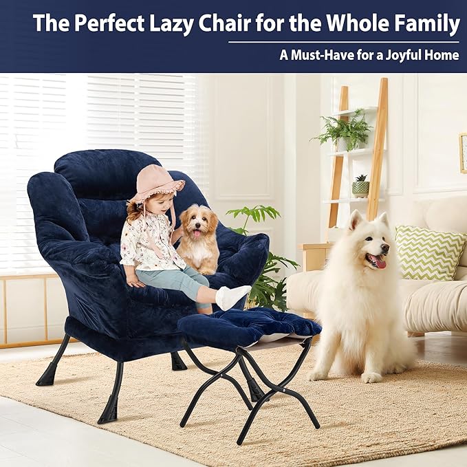 Lazy Chair with Folding Ottoman, Accent Chair Plush Upholstered with Metal - Image 4