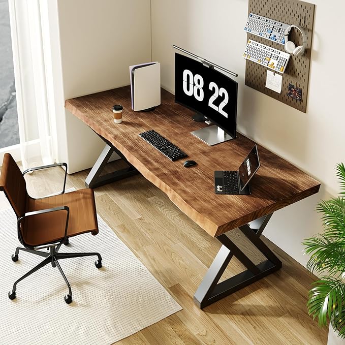 Solid Wood Desk 55 inches Wide Home Office Desk, Metal Modern Industrial by QZYJKJ