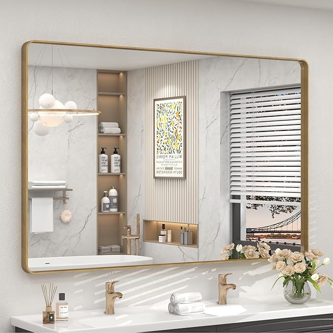 55x40 Inch Gold Bathroom Mirror, Brushed Metal Frame Gold Vanity Mirror by CHARMOR