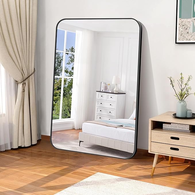 Bathroom Mirror, 55x36 inch Black Rectangle Wall Mirror, Metal Frame Rounded - Image 7