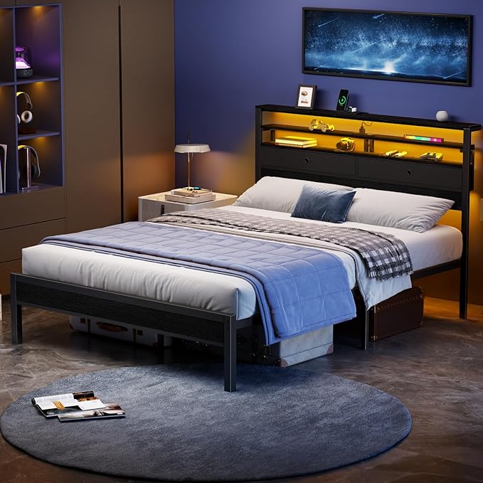 Furnulem Queen Bed Frame with Headboard & 2 Fabric Drawers, Bed Frame Queen - Image 8