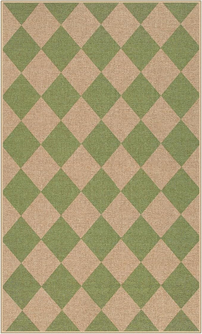 Lahome Green Checkered Easy Jute Rug, 3x5 Washable Outdoor Rug Neutral Rug - Image 8