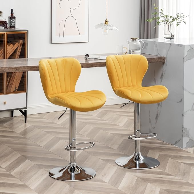 Roundhill Furniture Ellston Velvet Adjustable Swivel Barstools in Yellow - Image 3
