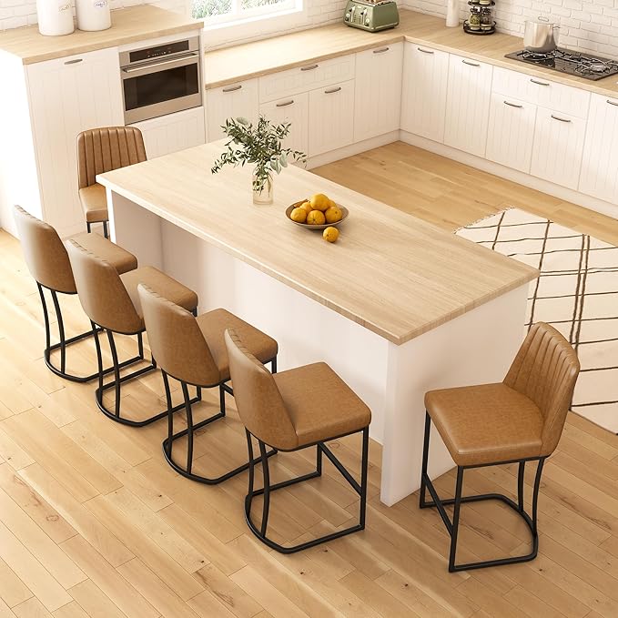 Bar Stools Set of 6, Faux Leather Counter Height Barstools, Upholstered Kitchen by ErdoruLiving