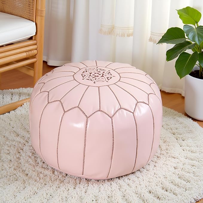 Stuffed Round Design Moroccan Leather Pouf Ottoman, Pre-Filled, 100% Genuine - Image 2