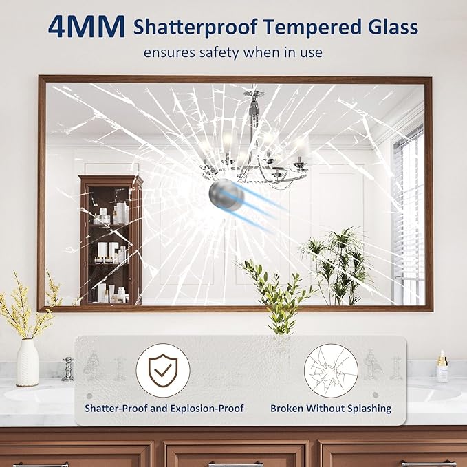 WEER 60X36 Inch Framed Bathroom Mirror, Walnut Rectangular Framed Mirror - Image 2