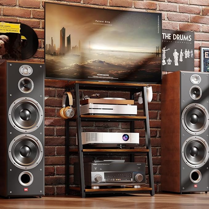 4-Tier AV Media Stand with 2 Hooks, Heavy Duty Stereo Cabinet Furniture-Large - Image 4